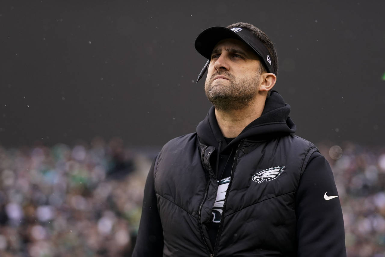 Philadelphia Eagles head coach Nick Sirianni looks on prior to the NFC Championship NFL football ga...