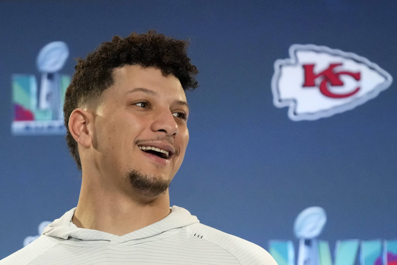 Kansas City Chiefs quarterback Patrick Mahomes answers a question during an NFL football Super Bowl...