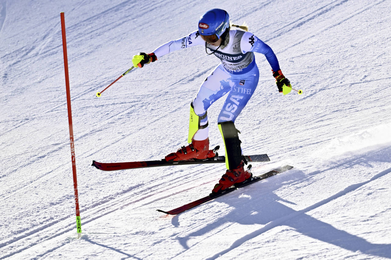 United States' Mikaela Shiffrin fails to complete the slalom portion of an alpine ski, women's Worl...