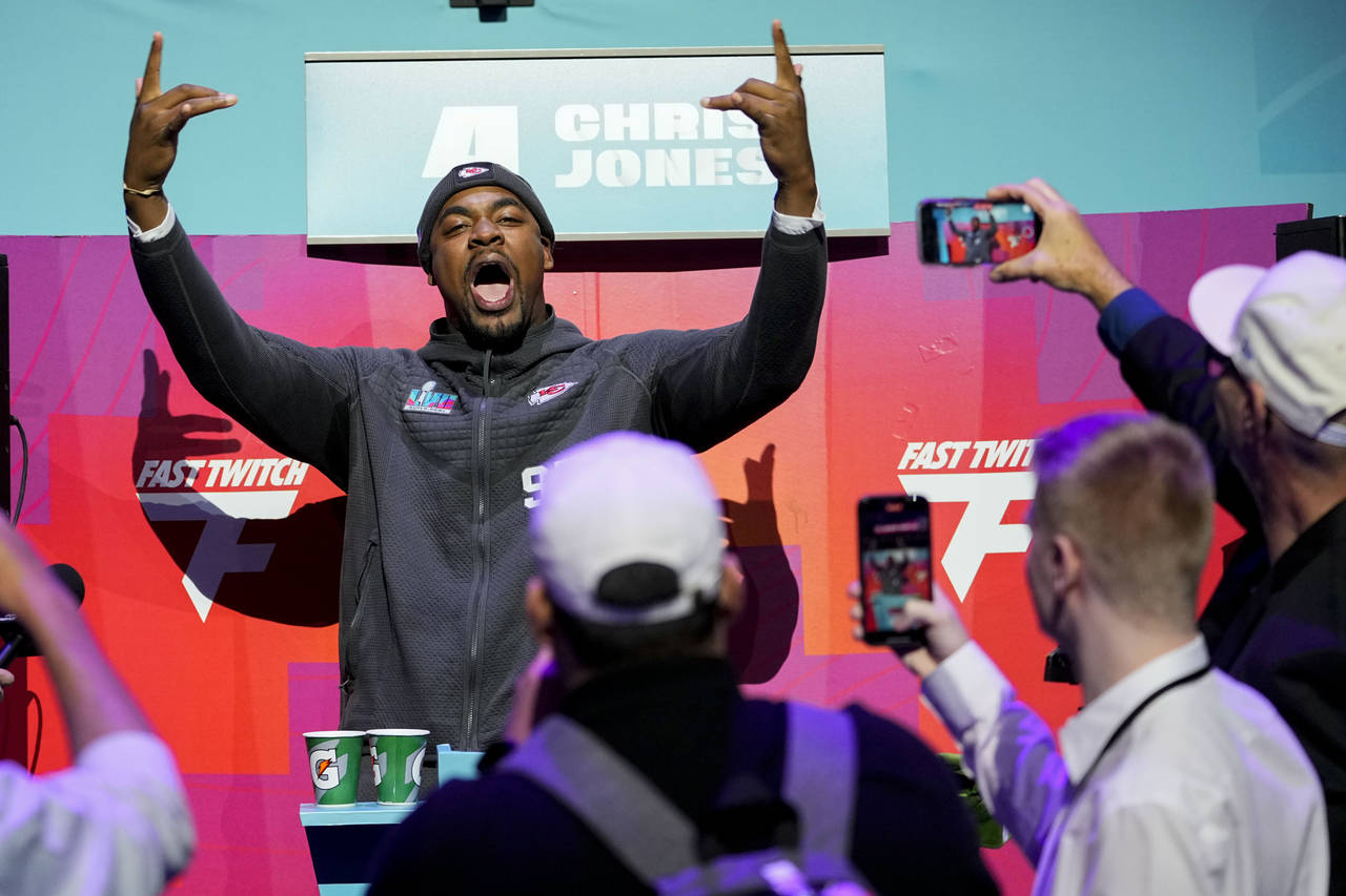 Kansas City Chiefs defensive tackle Chris Jones speaks to the media during the NFL football Super B...