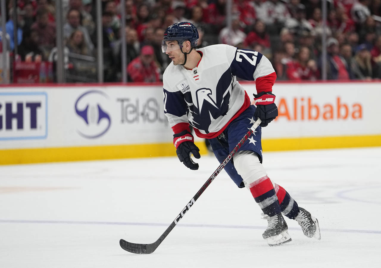 FILE - Washington Capitals' Garnet Hathaway stakes during the second period of the team's NHL hocke...