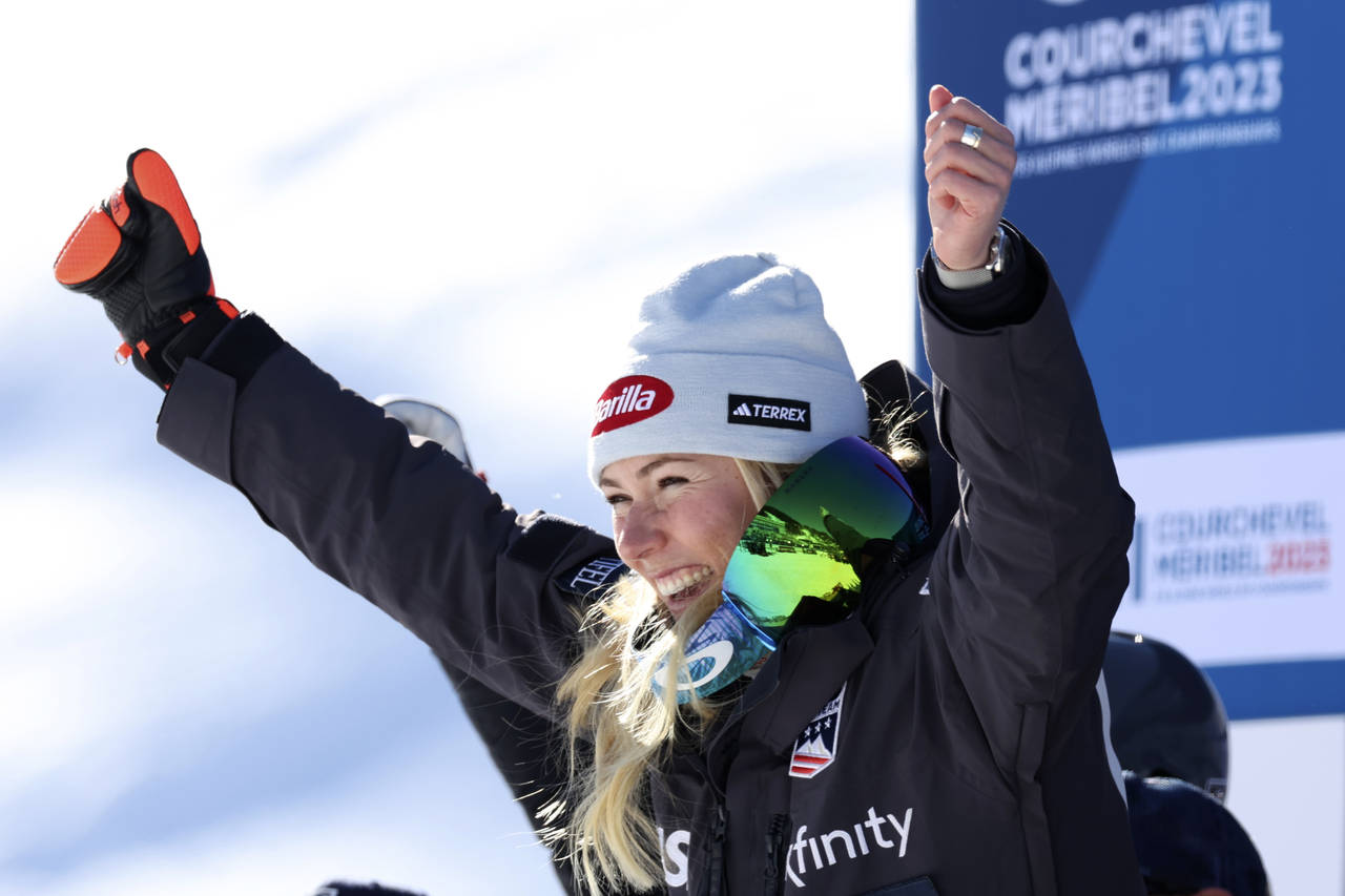 United States' Mikaela Shiffrin celebrates taking second place in an alpine ski, women's World Cham...