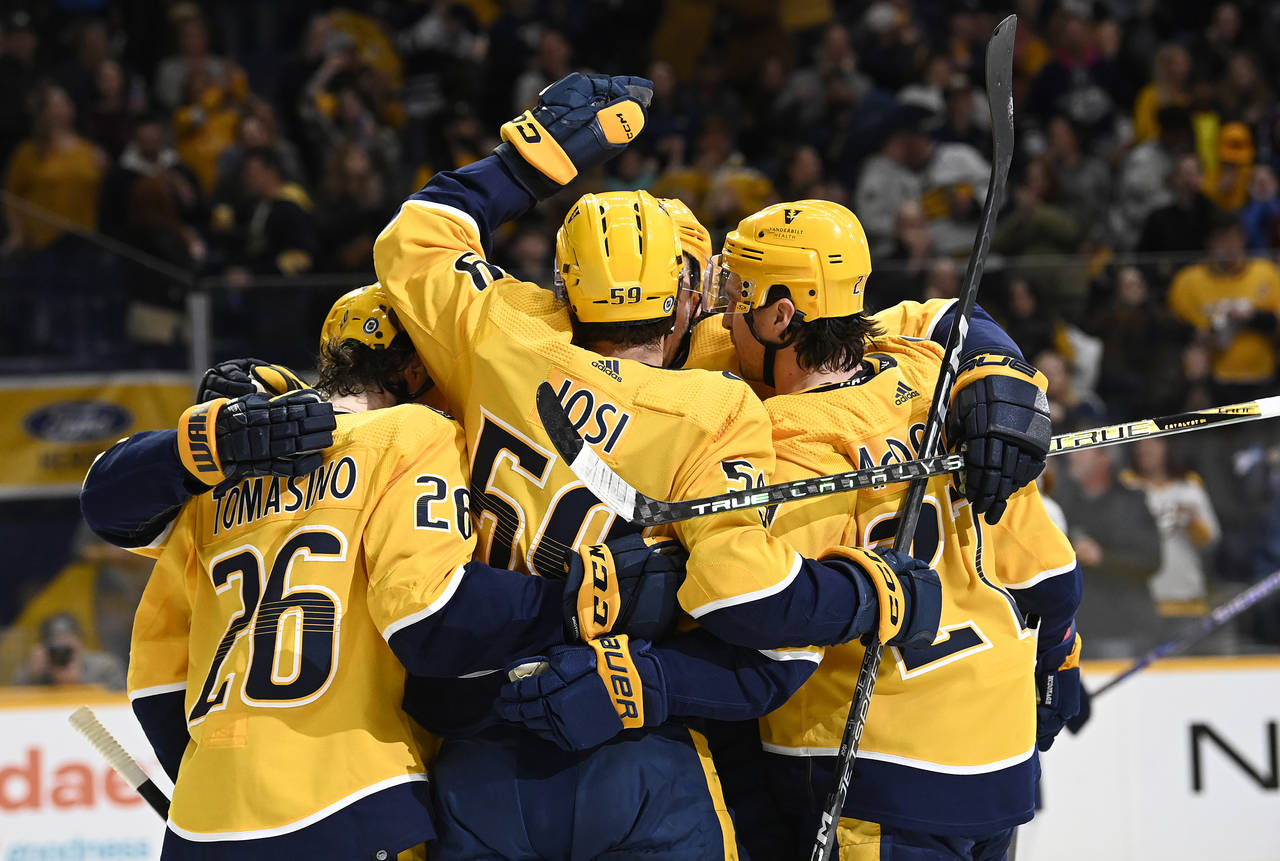 Nashville Predators defenseman Roman Josi (59) celebrates his goal against the Florida Panthers wit...