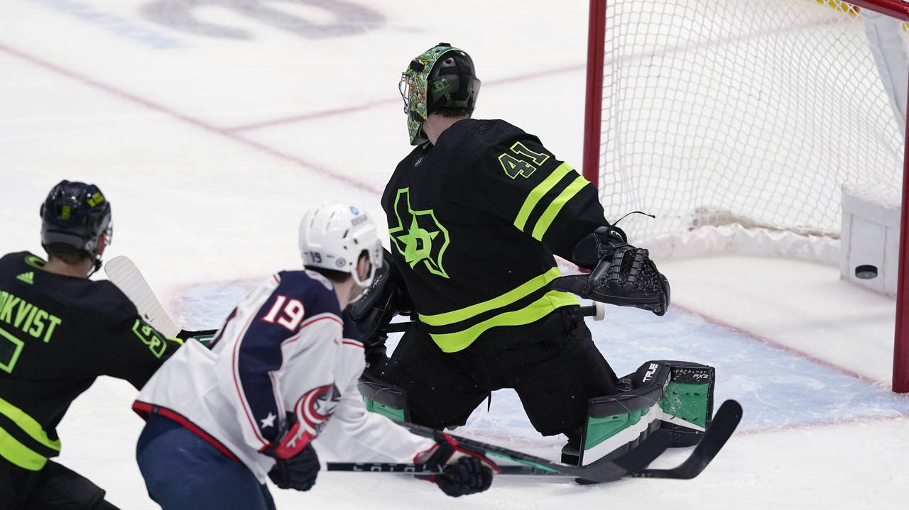 Dallas Stars goaltender Scott Wedgewood (41) allows a goal by Columbus Blue Jackets Adam Boqvist as...
