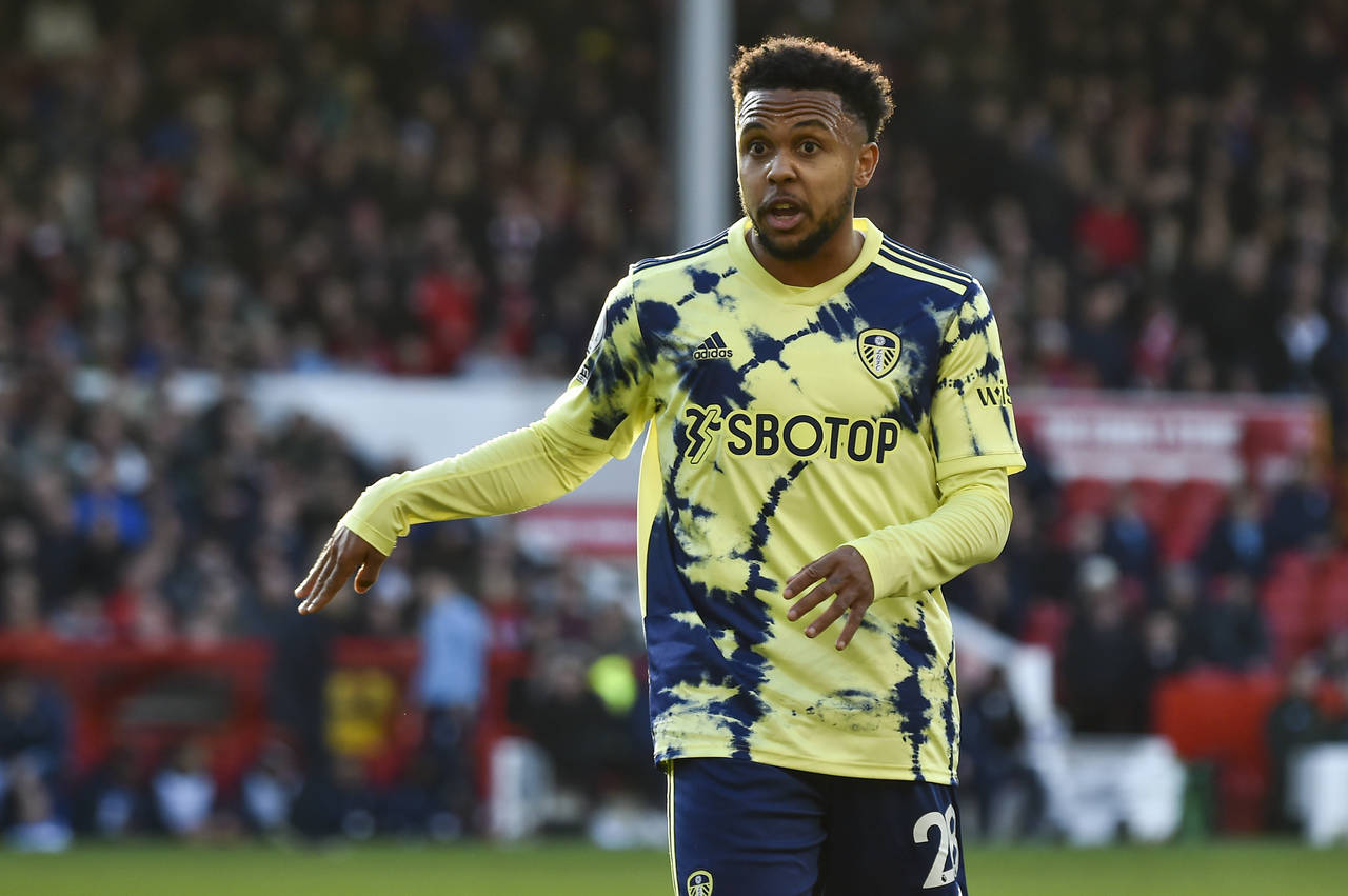 Leeds United's Weston McKennie gestures during the English Premier League soccer match between Nott...