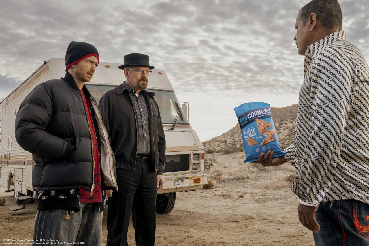 This photo provided by Frito-Lay shows Aaron Paul, Bryan Cranston and Raymond Cruz in scene from Po...