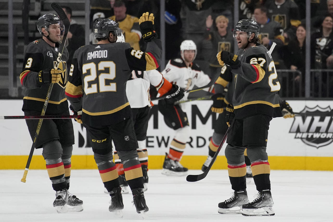 Vegas Golden Knights defenseman Shea Theodore (27) celebrates after scoring against the Anaheim Duc...