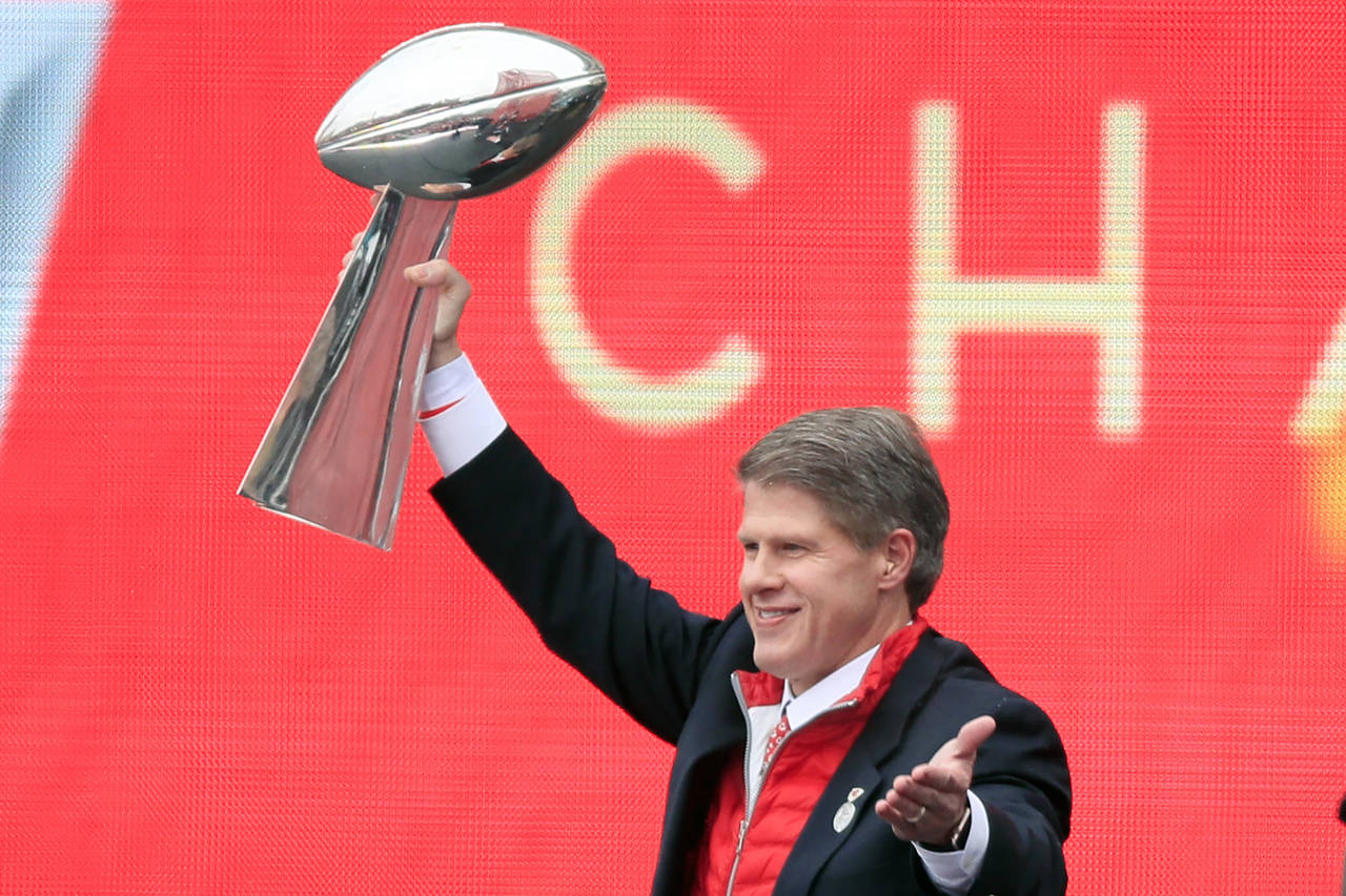 FILE - Kansas City Chiefs owner Clark Hunt holds the Super Bowl trophy during a rally in Kansas Cit...