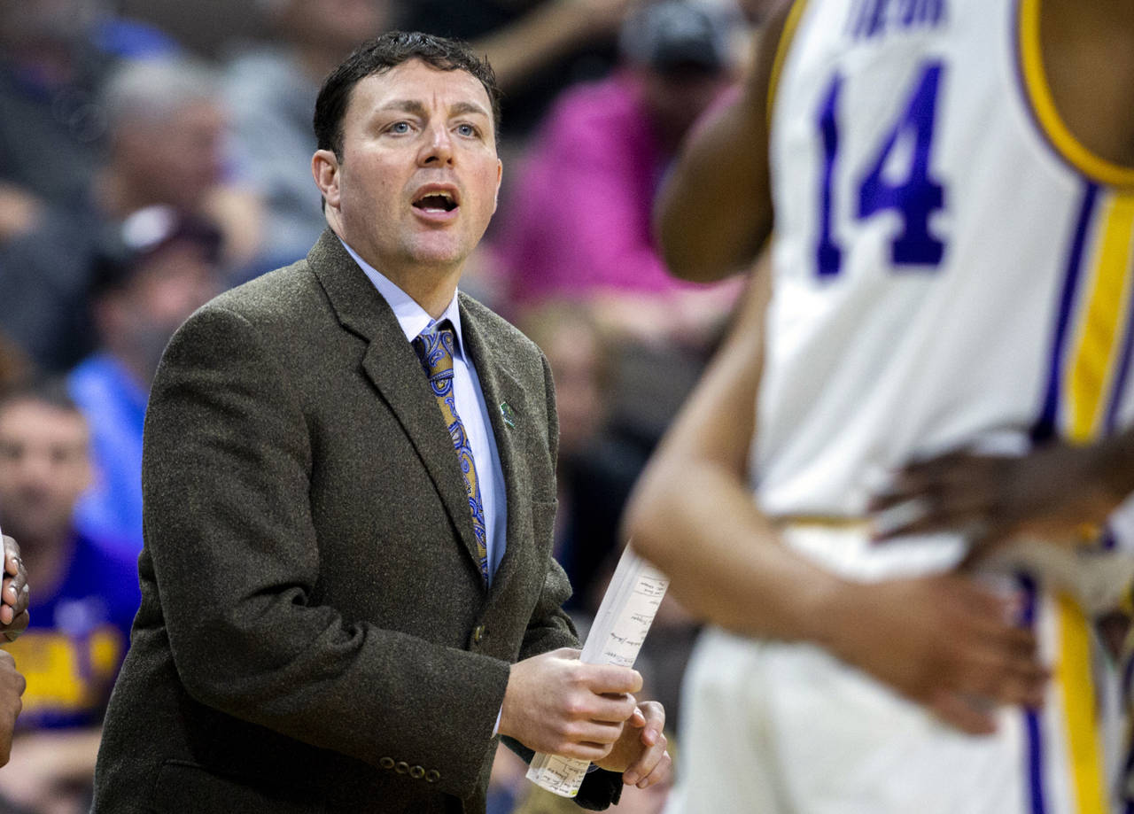 FILE - Then-LSU assistant coach Greg Heiar, center, shouts from the sideline during the team's NCAA...