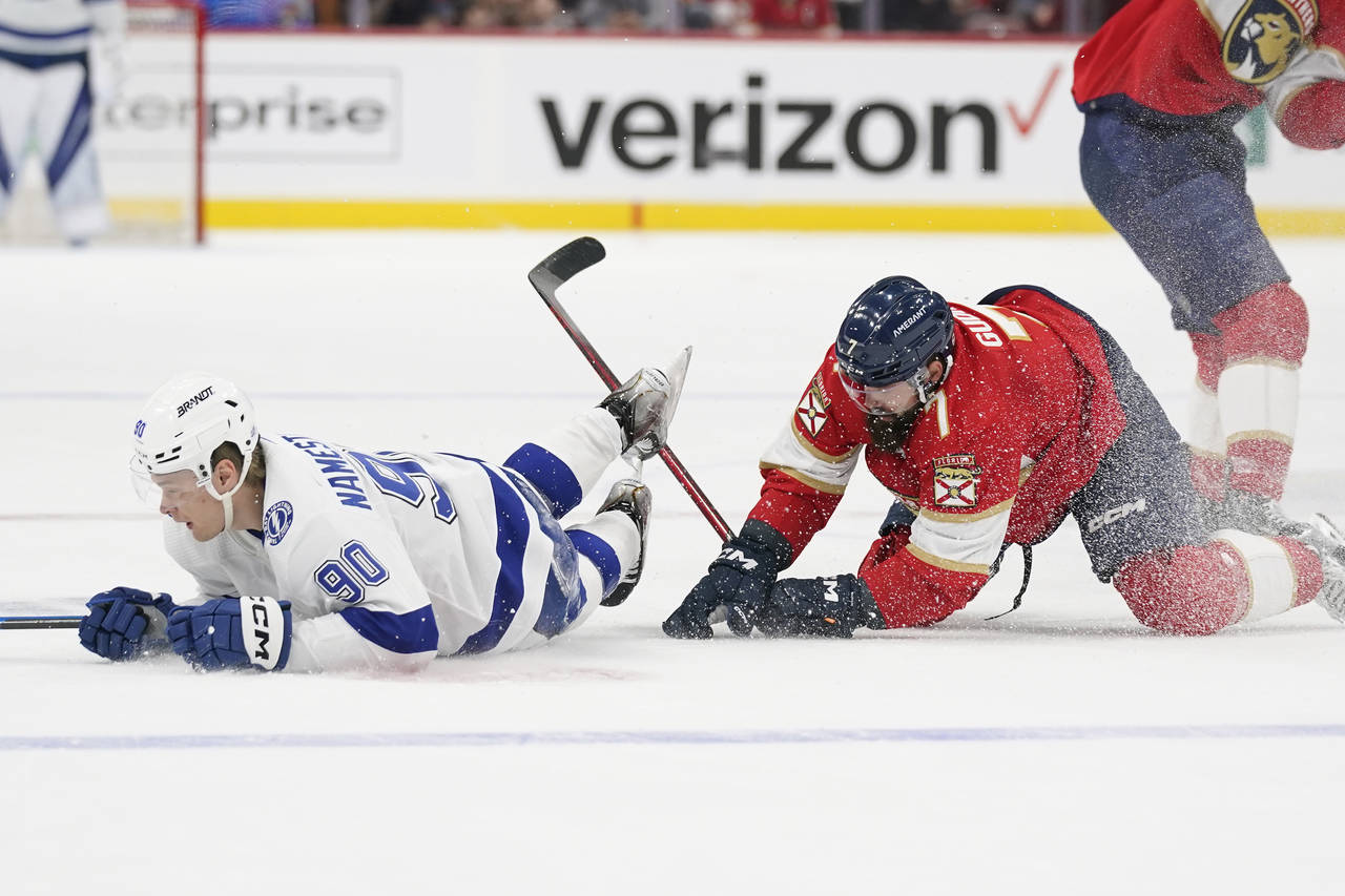 Tampa Bay Lightning center Vladislav Namestnikov (90) and Florida Panthers defenseman Radko Gudas (...