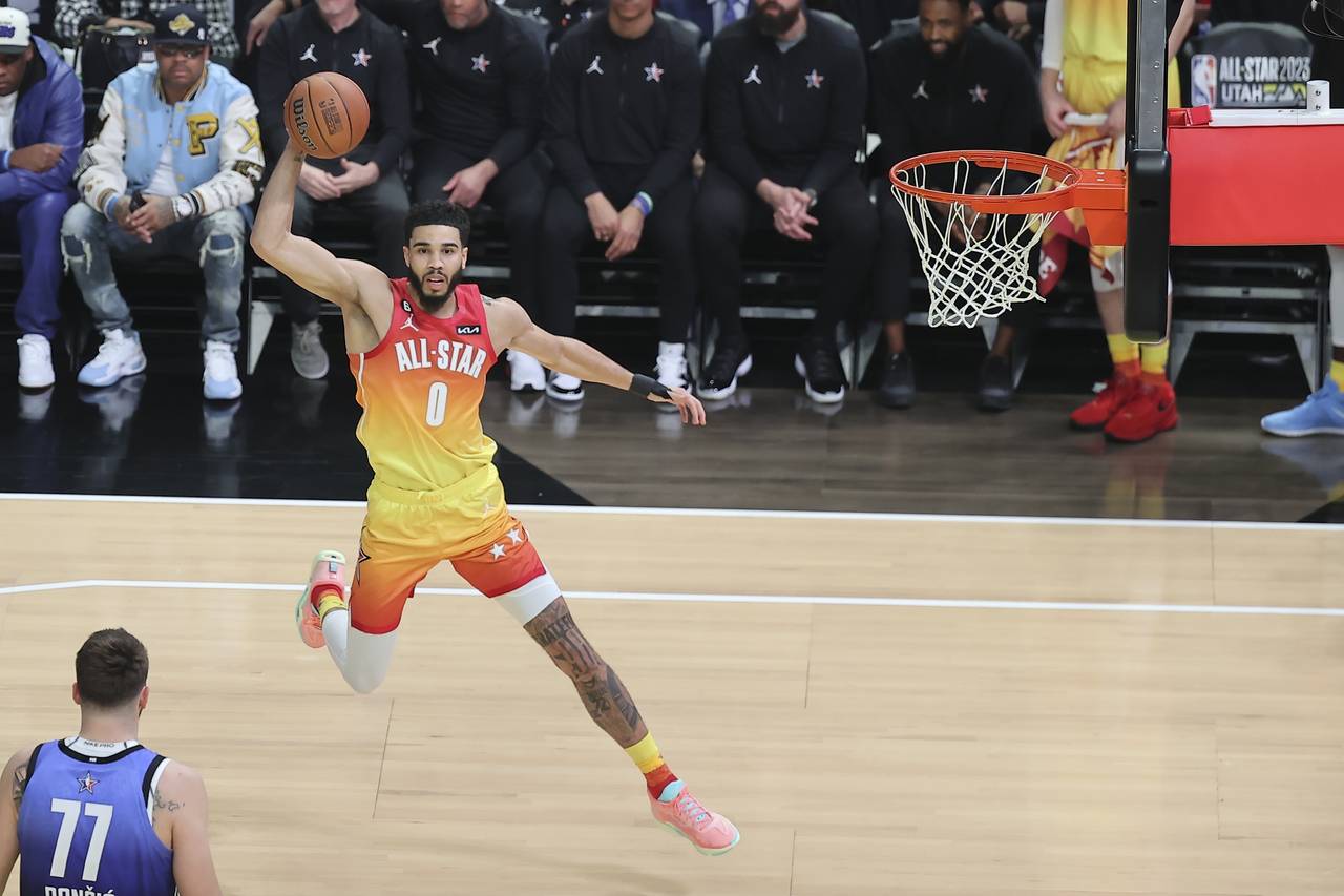 Team Giannis forward Jayson Tatum (0) drives during the first half of the NBA basketball All-Star g...