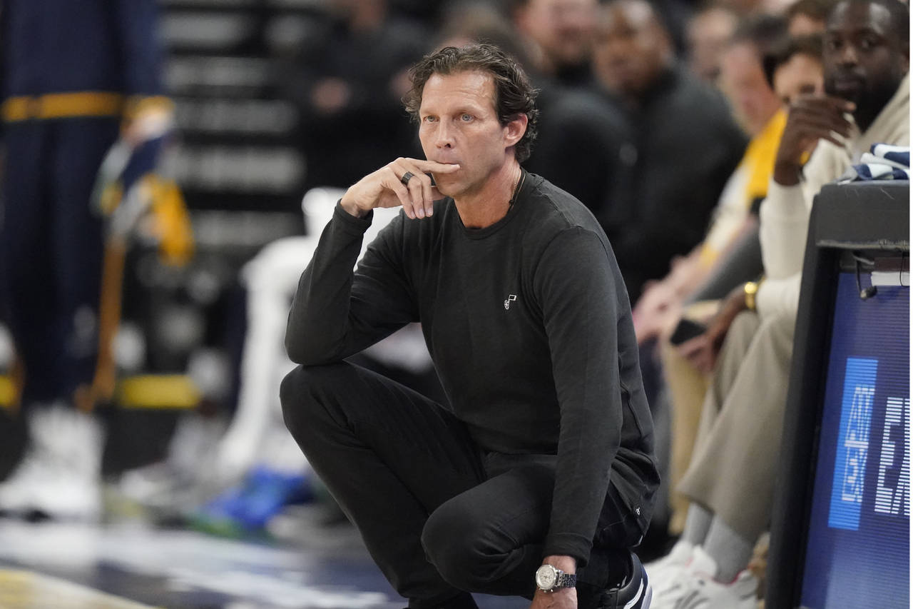 FILE - Utah Jazz head coach Quin Snyder looks on in the first half of Game 4 of an NBA basketball f...