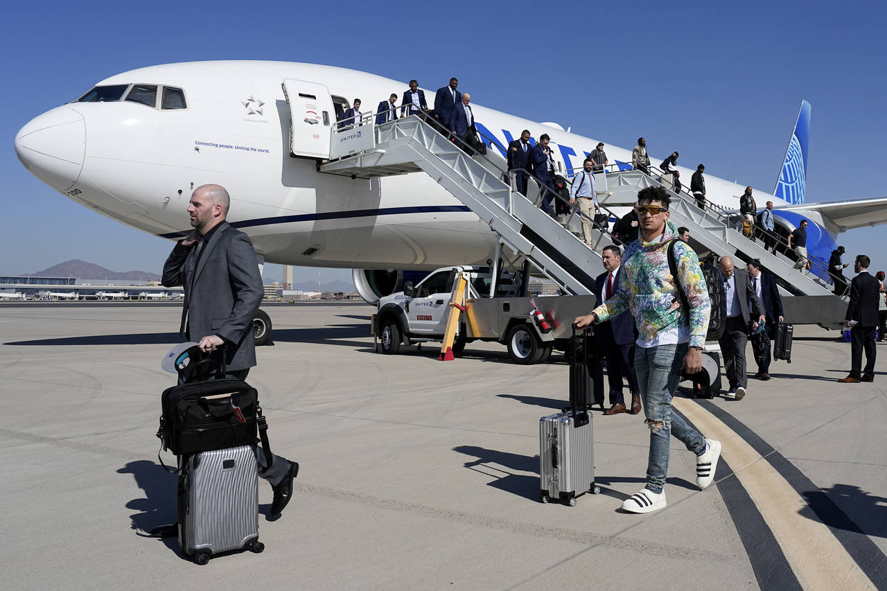 Kansas City Chiefs quarterback Patrick Mahomes arrives ahead of Super Bowl 57, Sunday, Feb. 5, 2023...
