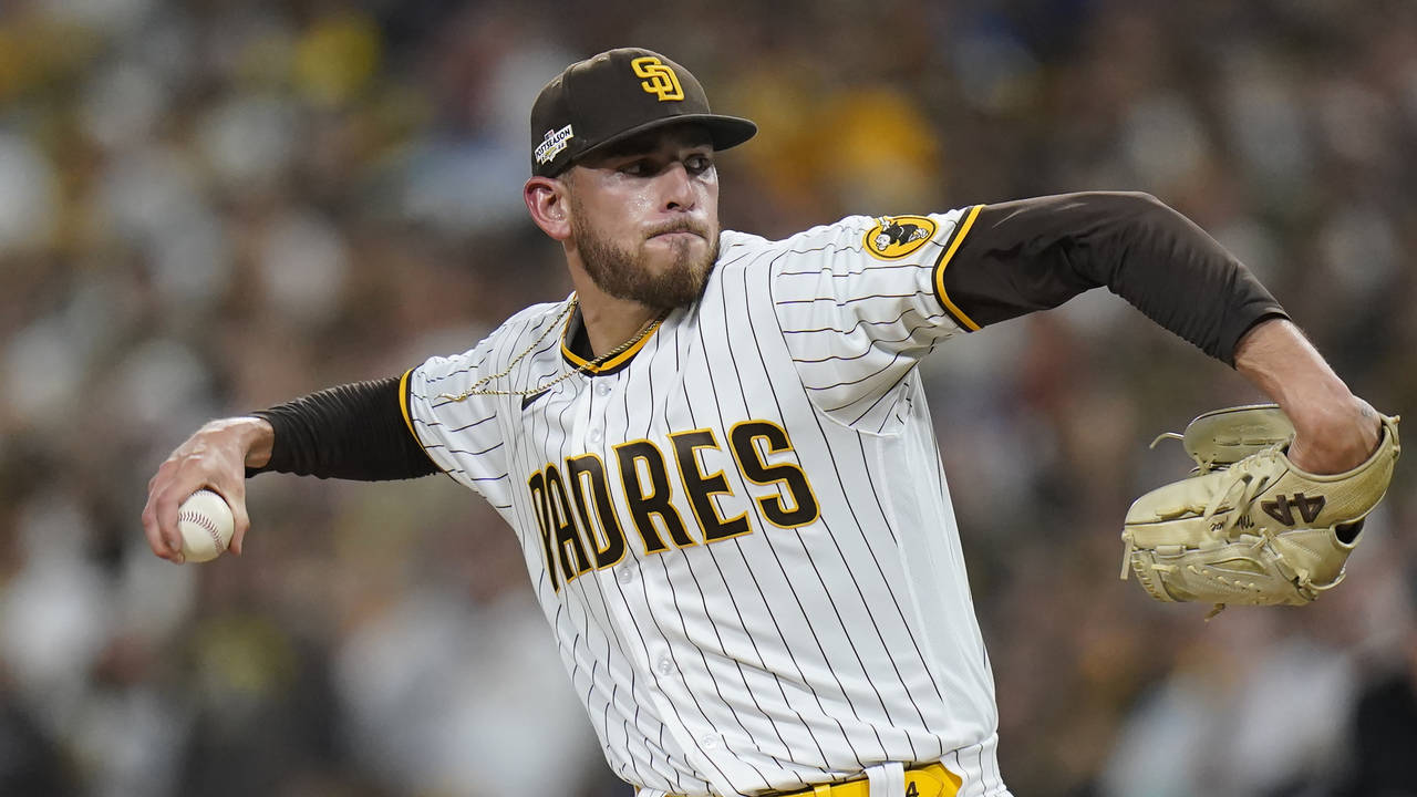 FILE - San Diego Padres starting pitcher Joe Musgrove works against a Los Angeles Dodgers batter du...