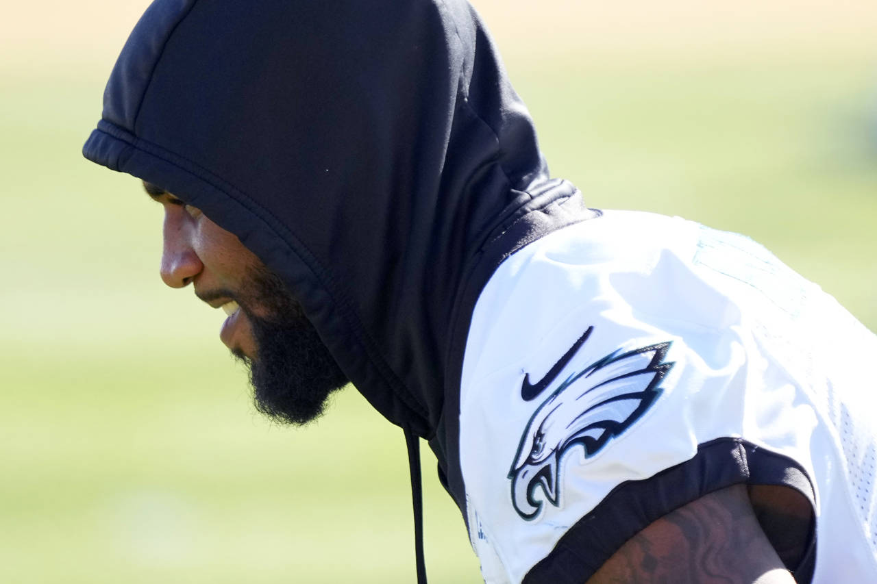 Philadelphia Eagles linebacker Haason Reddick stretches during an NFL football Super Bowl team prac...