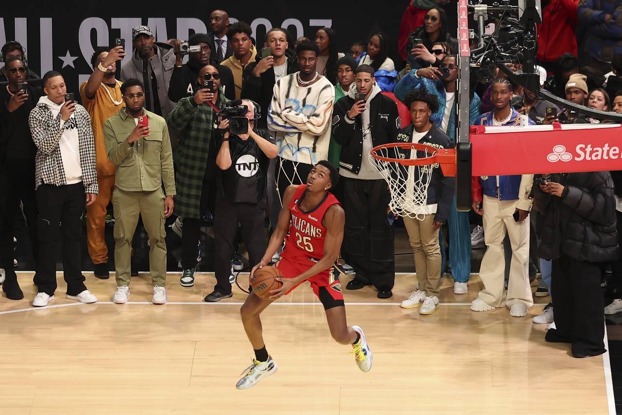 Trey Murphy III of the New Orleans Pelicans shoots during the slam dunk competition of the NBA bask...