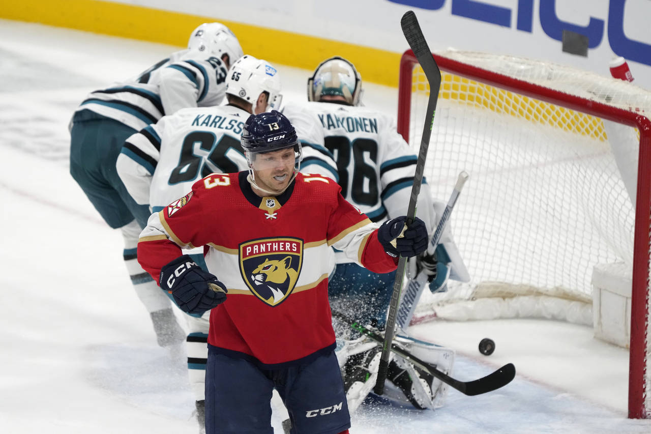 Florida Panthers center Sam Reinhart (13) celebrates after scoring during the second period of an N...