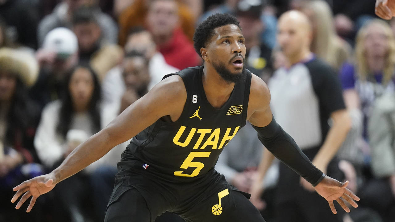 FILE - Utah Jazz guard Malik Beasley defends against the Toronto Raptors during the second half of ...