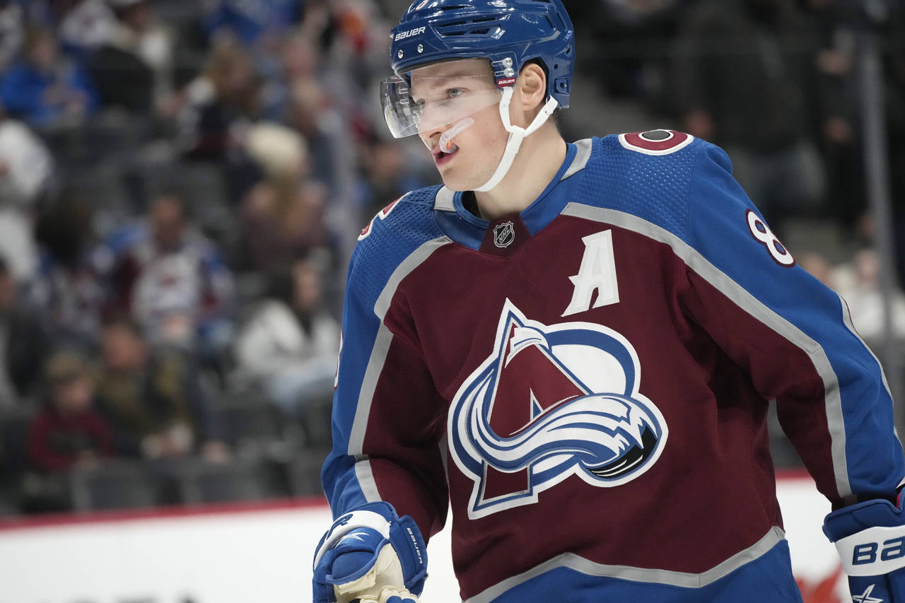 FILE - Colorado Avalanche defenseman Cale Makar is shown in the second period of an NHL hockey game...