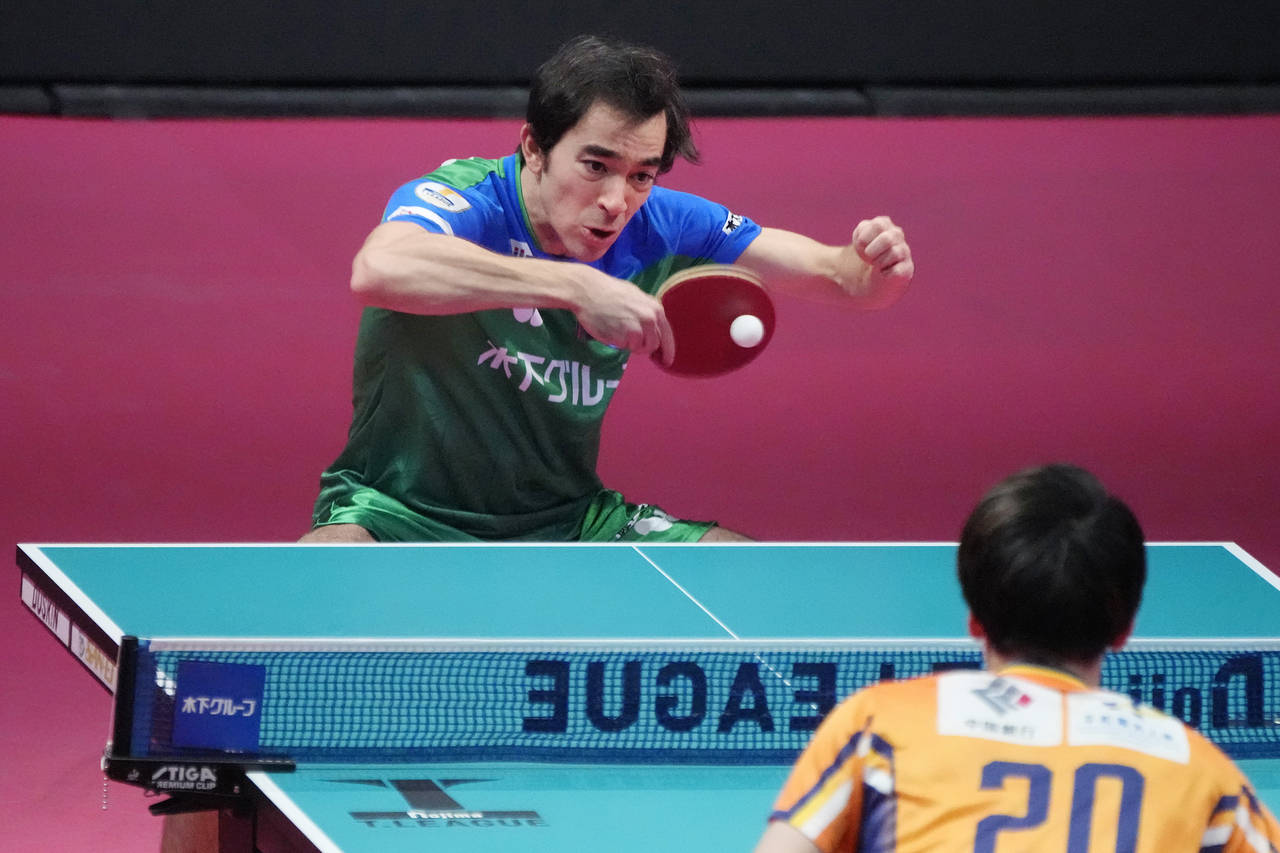 Brazil's Hugo Calderano competes against Hibiki Tazoe, during a WTT tournament table tennis match, ...