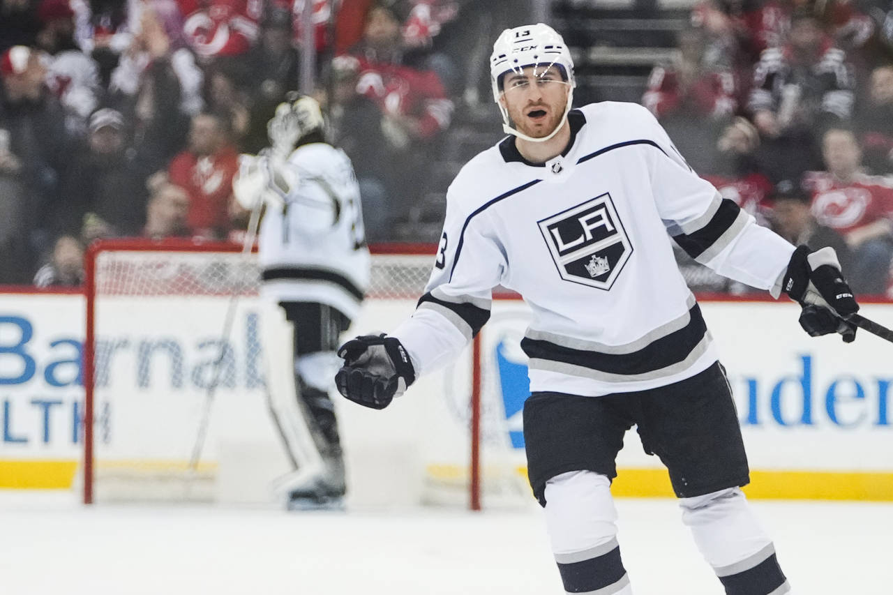 Los Angeles Kings' Gabriel Vilardi argues a penalty called during the third period of an NHL hockey...