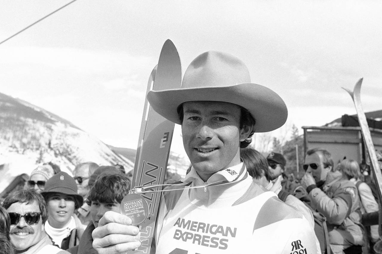 FILE - Ingemar Stenmark of Sweden put on a big cowboy hat and showed off his medal after he won the...