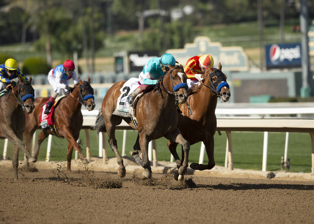 In a photo provided by Benoit Photo, Newgate and jockey Lanfranco Dettori, outside, hold off a stub...