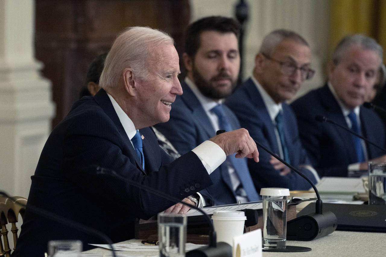 President Joe Biden speaks during a meeting with the National Governors Association in the East Roo...