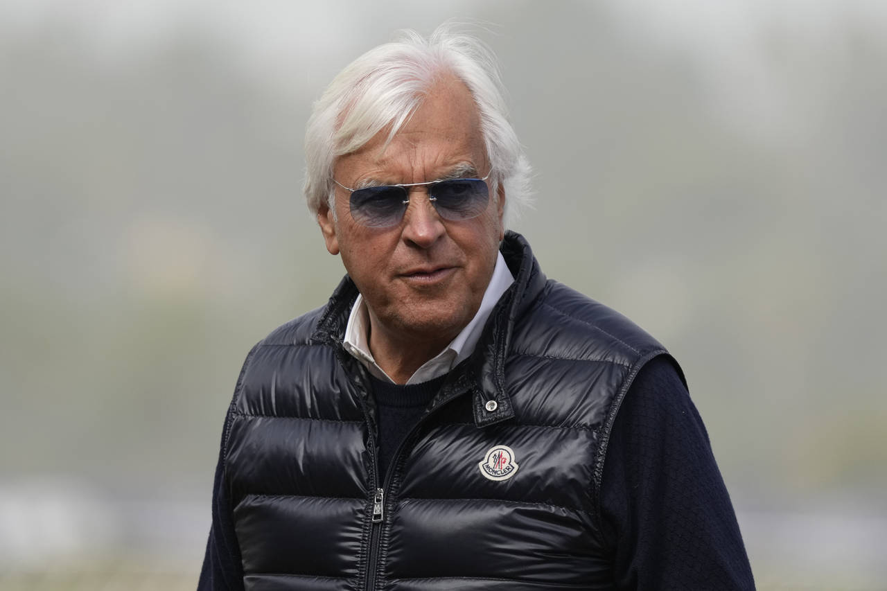 FILE - Trainer Bob Baffert waits for the Breeders' Cup horse races at Del Mar racetrack in Del Mar,...