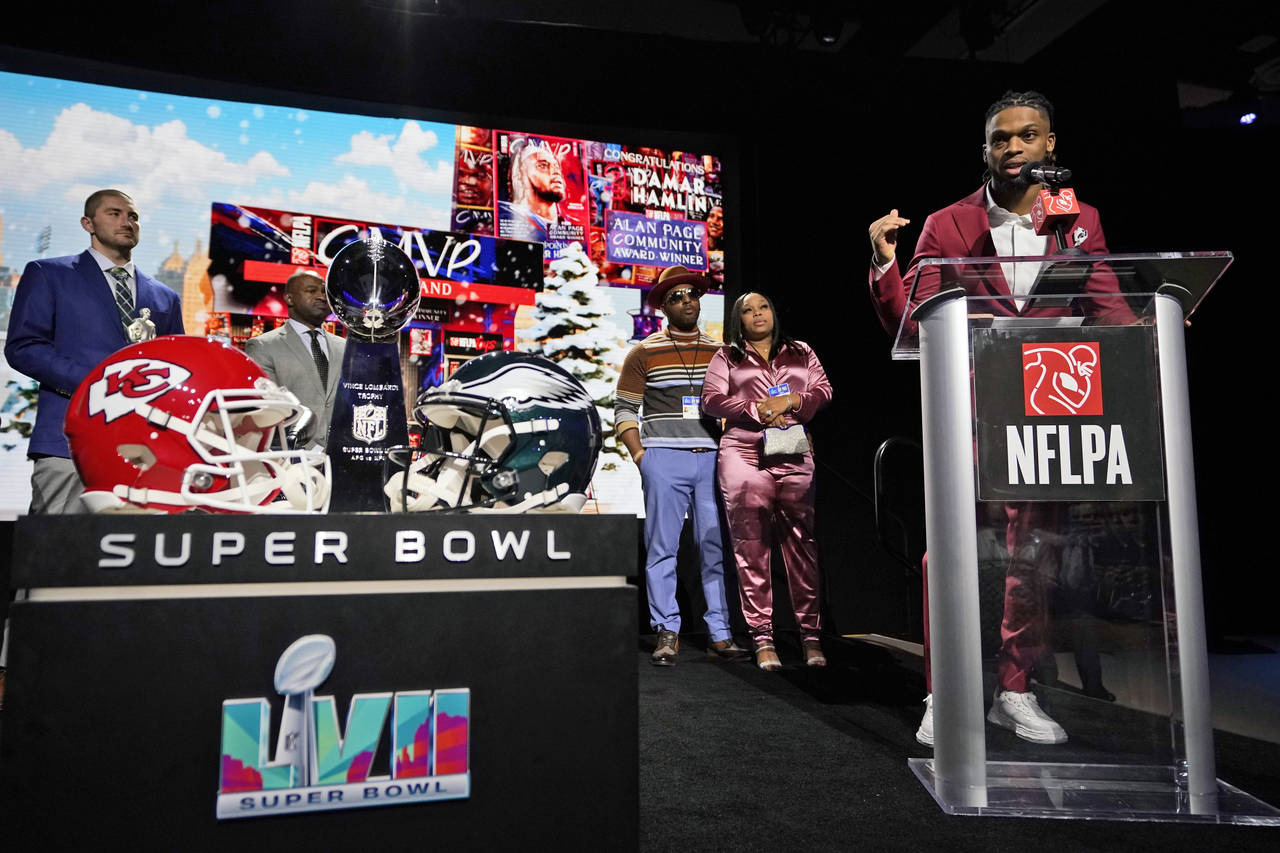 Buffalo Bills' Damar Hamlin speaks after being introduced as the winner of the Alan Page Community ...