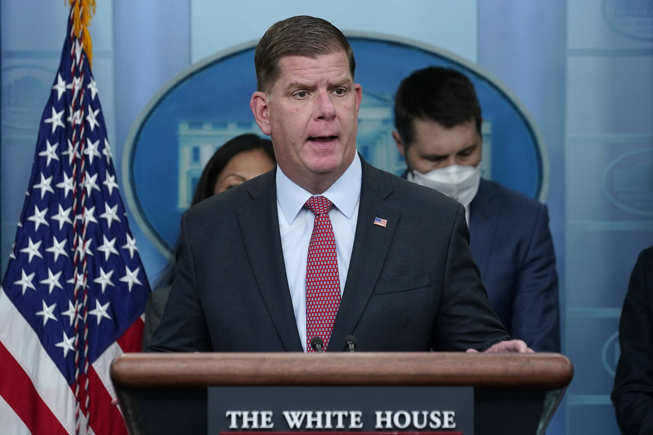 FILE - Labor Secretary Marty Walsh speaks during a briefing at the White House in Washington, May 1...