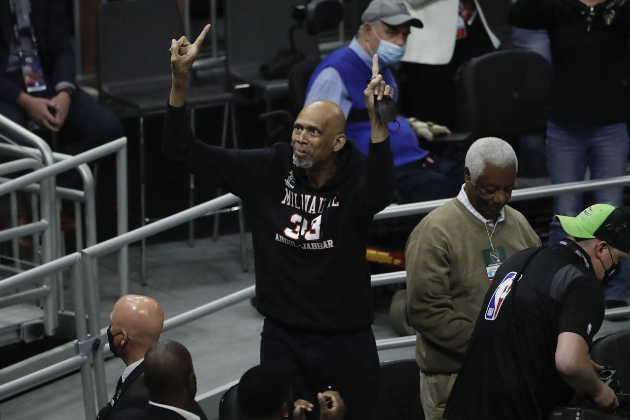 FILE -Kareem Abdul-Jabbar reacts during the first half of Game 4 of basketball's NBA Finals between...