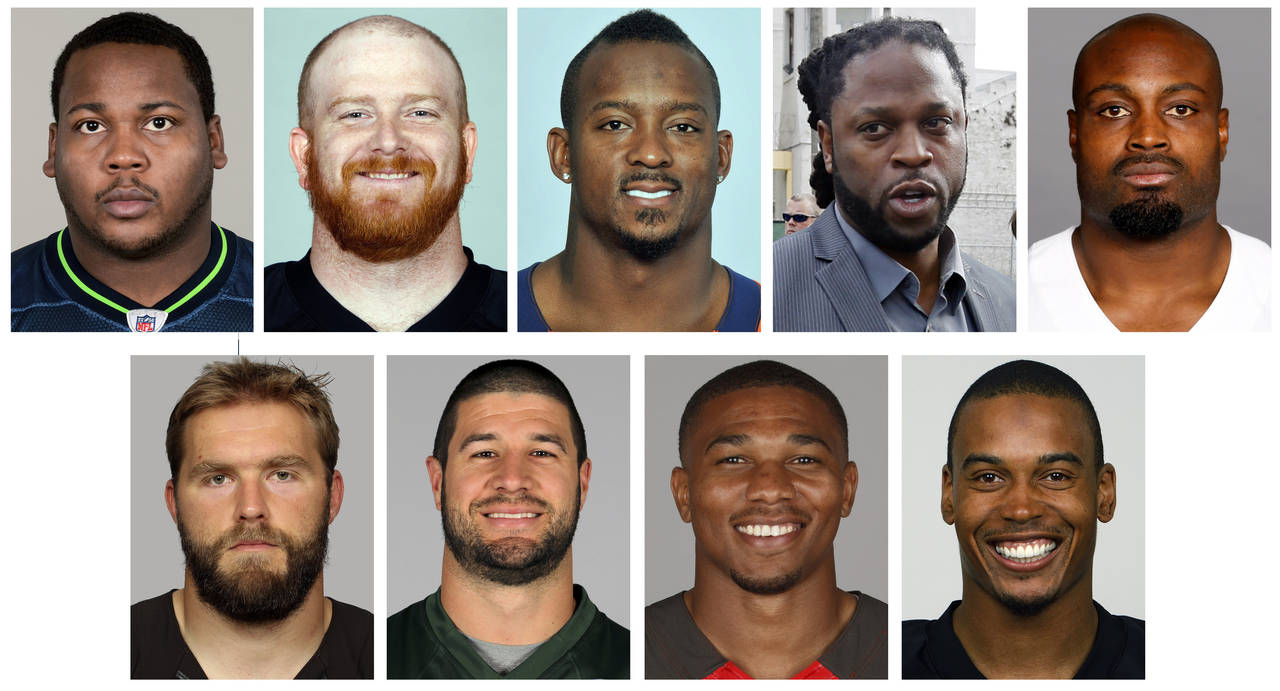 FILE - This combo of file photos, shows former 9 of the 10 retired NFL football players, who have  ...